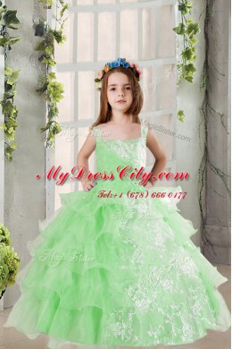 High Class Apple Green Ball Gowns Square Sleeveless Organza Floor Length Lace Up Lace and Ruffled Layers Pageant Dress Toddler