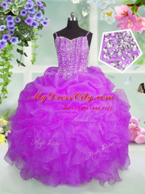 Floor Length Lace Up Pageant Dress Wholesale Fuchsia for Party and Wedding Party with Beading and Ruffles and Pick Ups