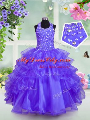 Beautiful Halter Top Sleeveless Beading and Ruffled Layers Lace Up Teens Party Dress with Blue