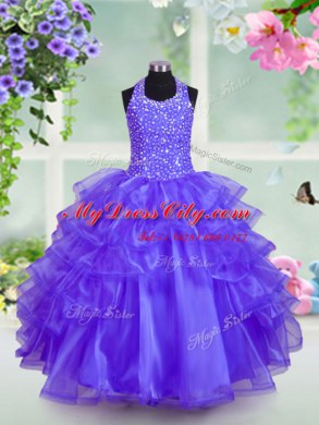 Beautiful Halter Top Sleeveless Beading and Ruffled Layers Lace Up Teens Party Dress with Blue