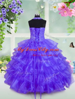 Beautiful Halter Top Sleeveless Beading and Ruffled Layers Lace Up Teens Party Dress with Blue