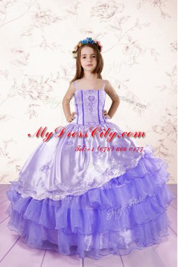 Adorable Lavender Party Dress for Girls Military Ball and Sweet 16 and Quinceanera and For with Embroidery and Ruffled Layers Spaghetti Straps Sleeveless Lace Up