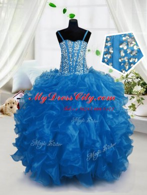 Floor Length Lace Up Kids Formal Wear Blue for Party and Wedding Party with Beading and Ruffles