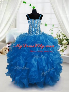 Floor Length Lace Up Kids Formal Wear Blue for Party and Wedding Party with Beading and Ruffles