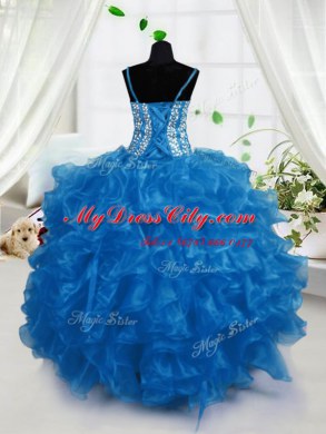 Floor Length Lace Up Kids Formal Wear Blue for Party and Wedding Party with Beading and Ruffles