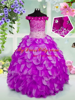 Excellent Off the Shoulder Beading and Hand Made Flower Pageant Dress Womens Lavender Lace Up Sleeveless Floor Length