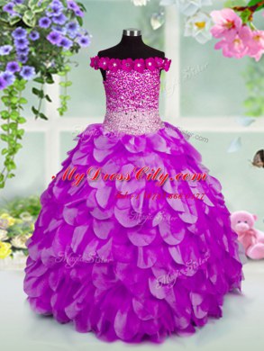 Excellent Off the Shoulder Beading and Hand Made Flower Pageant Dress Womens Lavender Lace Up Sleeveless Floor Length