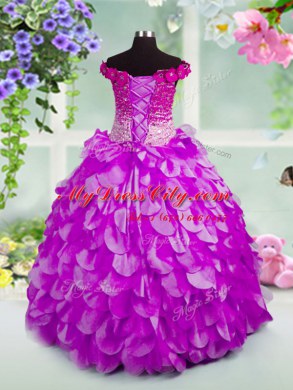 Excellent Off the Shoulder Beading and Hand Made Flower Pageant Dress Womens Lavender Lace Up Sleeveless Floor Length