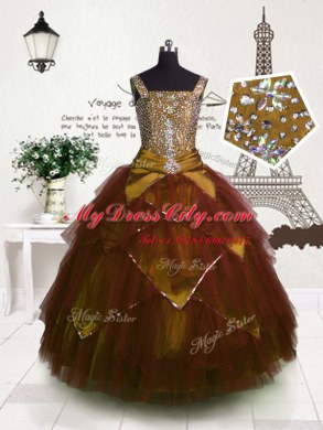 Brown Ball Gowns Tulle Straps Sleeveless Beading and Belt Floor Length Lace Up Little Girls Pageant Gowns