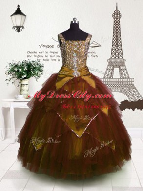 Brown Ball Gowns Tulle Straps Sleeveless Beading and Belt Floor Length Lace Up Little Girls Pageant Gowns