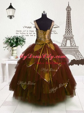 Brown Ball Gowns Tulle Straps Sleeveless Beading and Belt Floor Length Lace Up Little Girls Pageant Gowns