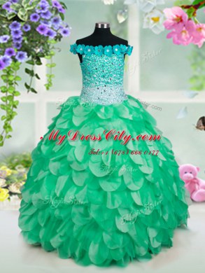 High Class Off the Shoulder Green Organza Lace Up Womens Party Dresses Sleeveless Floor Length Beading and Hand Made Flower