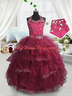 On Sale Organza Scoop Sleeveless Lace Up Beading and Ruffled Layers Party Dress for Toddlers in Watermelon Red