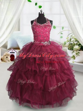 On Sale Organza Scoop Sleeveless Lace Up Beading and Ruffled Layers Party Dress for Toddlers in Watermelon Red