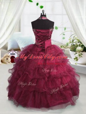 On Sale Organza Scoop Sleeveless Lace Up Beading and Ruffled Layers Party Dress for Toddlers in Watermelon Red