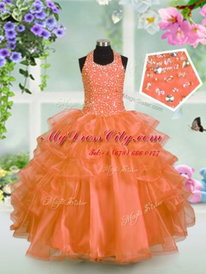 Halter Top Beading and Ruffled Layers Evening Gowns Orange Lace Up Sleeveless Floor Length