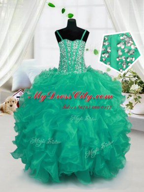 Turquoise Organza Lace Up Spaghetti Straps Sleeveless Floor Length Girls Pageant Dresses Beading and Ruffles