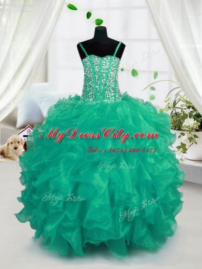 Turquoise Organza Lace Up Spaghetti Straps Sleeveless Floor Length Girls Pageant Dresses Beading and Ruffles