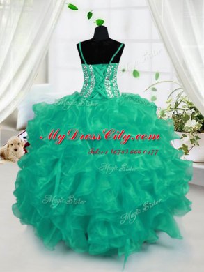 Turquoise Organza Lace Up Spaghetti Straps Sleeveless Floor Length Girls Pageant Dresses Beading and Ruffles