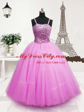 Stylish Sequins Ball Gowns Womens Party Dresses Hot Pink Spaghetti Straps Tulle Sleeveless Floor Length Zipper