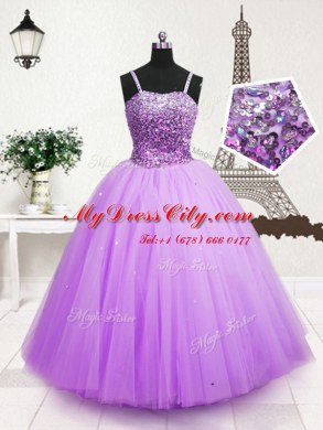 Charming Lavender Ball Gowns Spaghetti Straps Sleeveless Tulle Floor Length Zipper Beading and Sequins Custom Made