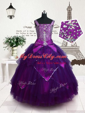 Fashionable Floor Length Purple Little Girls Pageant Dress Tulle Sleeveless Belt