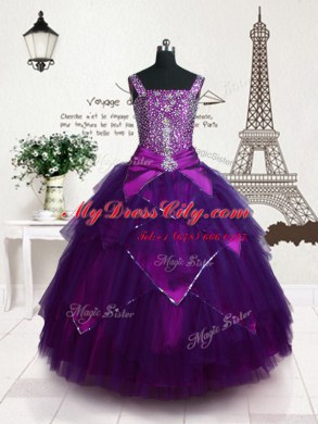 Fashionable Floor Length Purple Little Girls Pageant Dress Tulle Sleeveless Belt