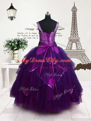 Fashionable Floor Length Purple Little Girls Pageant Dress Tulle Sleeveless Belt