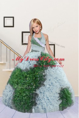 High End Green and Light Blue Halter Top Lace Up Beading and Ruffles Kids Pageant Dress Sleeveless