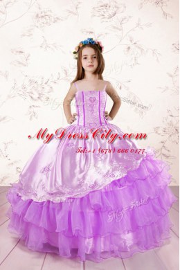 Fuchsia Ball Gowns Organza Spaghetti Straps Sleeveless Embroidery and Ruffled Layers Floor Length Lace Up Little Girl Pageant Dress