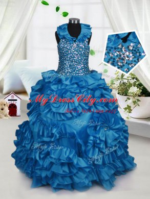 Teal Taffeta Zipper Halter Top Sleeveless Floor Length Pageant Gowns Beading and Ruffles