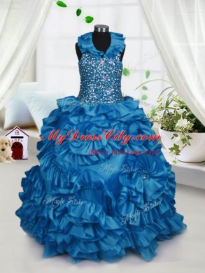 Teal Taffeta Zipper Halter Top Sleeveless Floor Length Pageant Gowns Beading and Ruffles