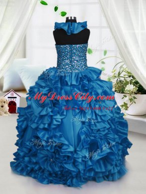 Teal Taffeta Zipper Halter Top Sleeveless Floor Length Pageant Gowns Beading and Ruffles