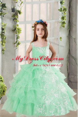 Sleeveless Organza Floor Length Lace Up Pageant Dress for Teens in Turquoise with Lace and Ruffled Layers