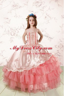 Baby Pink Ball Gowns Organza Spaghetti Straps Sleeveless Embroidery and Ruffled Layers Floor Length Lace Up Pageant Gowns For Girls