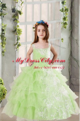 Fashion Ruffled Yellow Green Sleeveless Organza Lace Up Little Girls Pageant Gowns for Party and Wedding Party