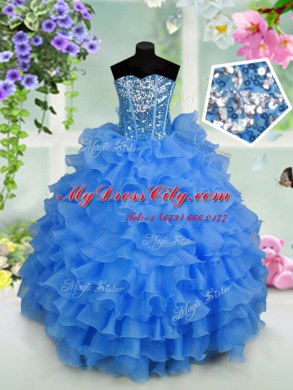 Floor Length Light Blue Little Girls Pageant Dress Wholesale Organza Sleeveless Ruffled Layers and Sequins