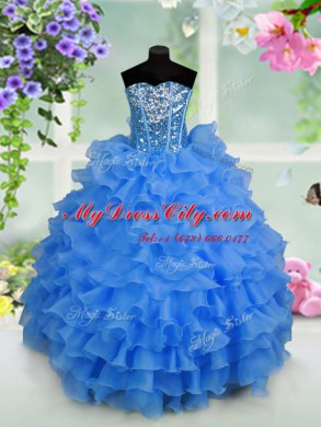 Floor Length Light Blue Little Girls Pageant Dress Wholesale Organza Sleeveless Ruffled Layers and Sequins