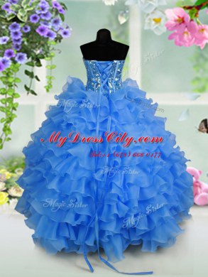 Floor Length Light Blue Little Girls Pageant Dress Wholesale Organza Sleeveless Ruffled Layers and Sequins