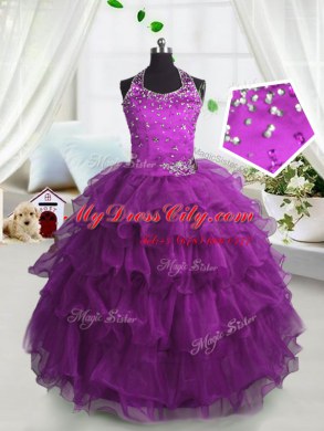 Scoop Fuchsia Sleeveless Beading and Ruffled Layers Floor Length Casual Dresses