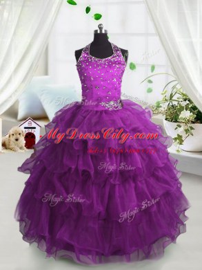 Scoop Fuchsia Sleeveless Beading and Ruffled Layers Floor Length Casual Dresses