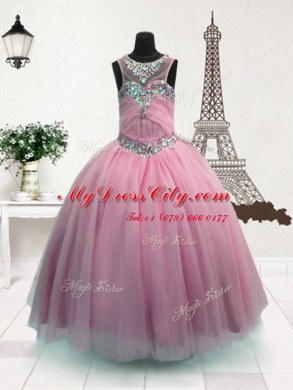 Scoop Pink Organza Zipper Pageant Dress for Womens Sleeveless Floor Length Beading