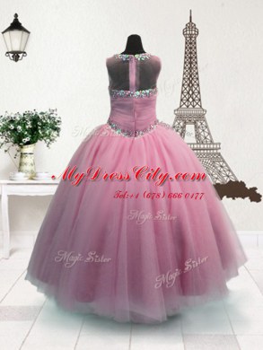 Scoop Pink Organza Zipper Pageant Dress for Womens Sleeveless Floor Length Beading