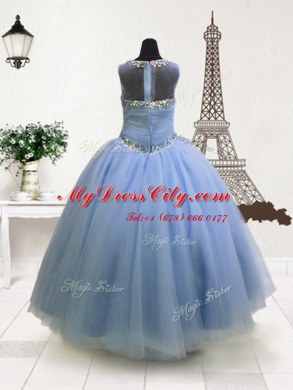 Light Blue Ball Gowns Scoop Sleeveless Organza Floor Length Zipper Beading and Ruffles Child Pageant Dress