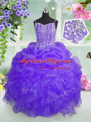 New Style Sleeveless Organza Floor Length Lace Up Pageant Dress for Teens in Lavender with Beading and Ruffles and Pick Ups