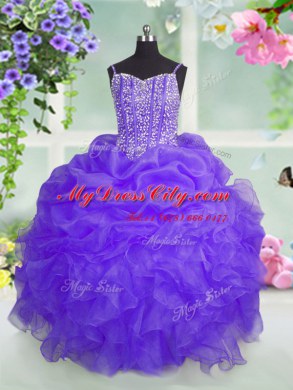 New Style Sleeveless Organza Floor Length Lace Up Pageant Dress for Teens in Lavender with Beading and Ruffles and Pick Ups