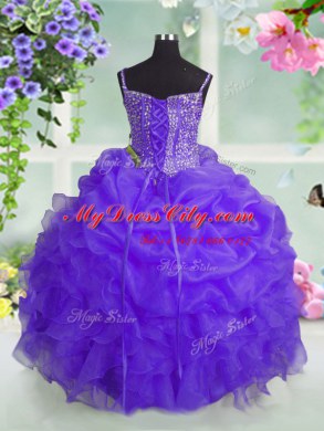 New Style Sleeveless Organza Floor Length Lace Up Pageant Dress for Teens in Lavender with Beading and Ruffles and Pick Ups