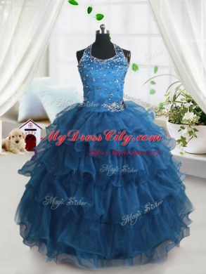 Ruffled Teal Sleeveless Organza Lace Up Little Girls Pageant Dress for Party and Wedding Party