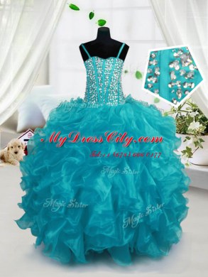 Perfect Floor Length Lace Up Glitz Pageant Dress Aqua Blue for Party and Wedding Party with Beading and Ruffles