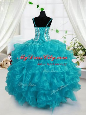 Perfect Floor Length Lace Up Glitz Pageant Dress Aqua Blue for Party and Wedding Party with Beading and Ruffles